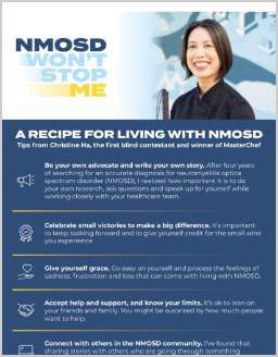 Blue graphic noting a recipe for living with NMOSD featuring Christine Ha’s image at the top and text on the bottom.