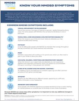 Image of a list on a white background and colorful icons of common NMOSD symptoms.